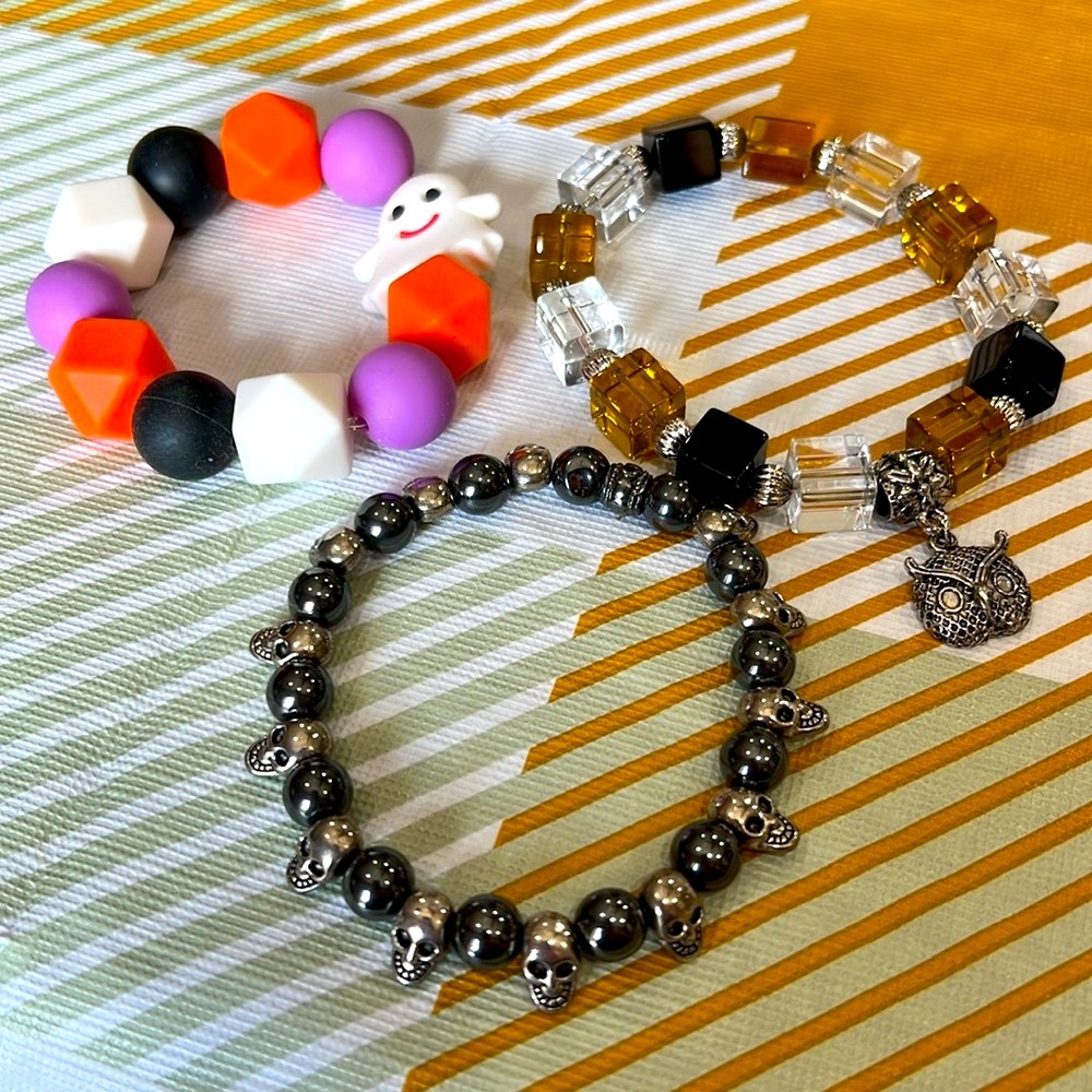 Halloween Bracelets Set of 3 All Stretch Style Skull, Owl, and Ghost